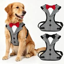 Bộ đồ cho chó màu xám trắng kẻ caro, chống giật, có vòng chữ D để móc dây xích, có thể điều chỉnh, đệm mềm, không gây nghẹt thở, kiểu áo vest trang trọng có nơ đeo cổ, thích hợp cho các bữa tiệc. - Nhiều màu - Xem 1