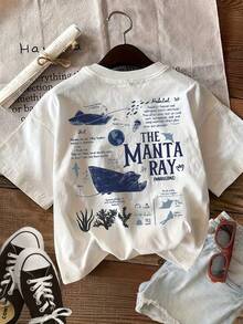 Science-Themed Manta Ray Print Casual Short-Sleeve Crew Neck T-Shirt - White - View 2