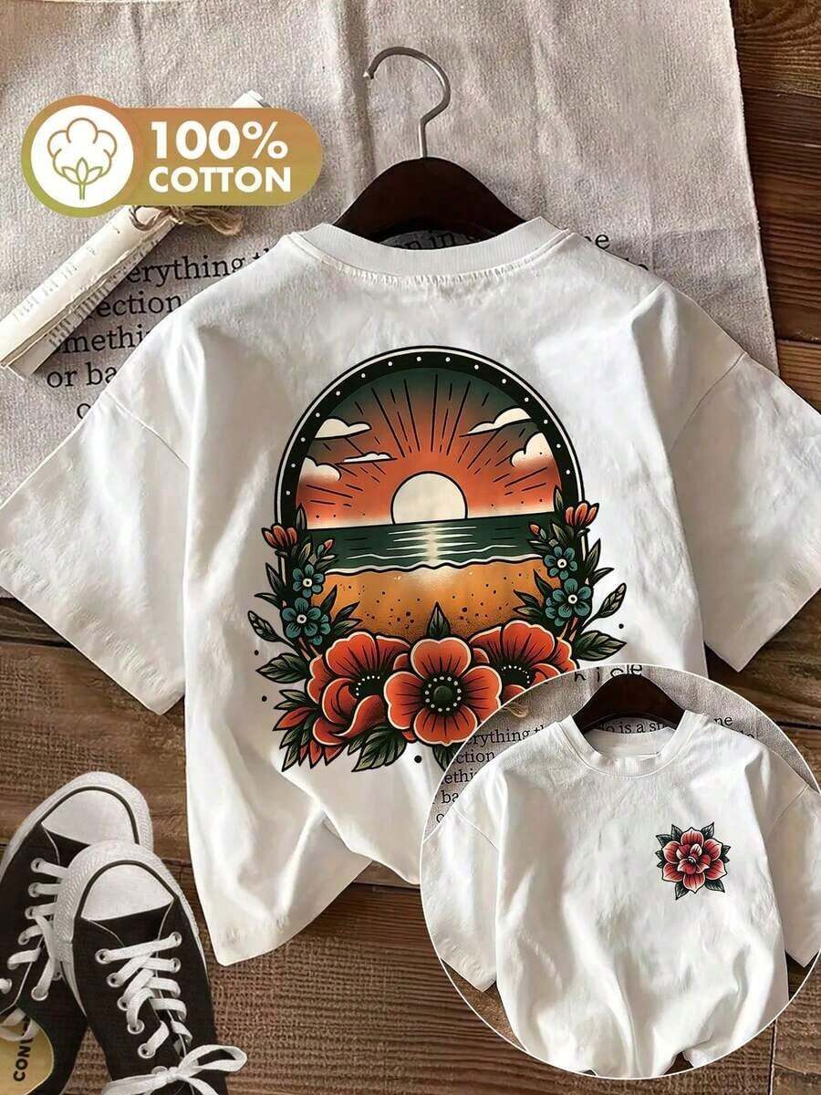 [Double-Sided Print] Women's Casual Summer Top, Vintage Style, Sunset And Floral Print, Round Neck, Short-Sleeved T-Shirt In Pure Cotton [Ling K] - Retro Casual Style, Unisex, Comfortable Short-Sleeved, Round-Neck Cotton T-Shirt. - White - View 1