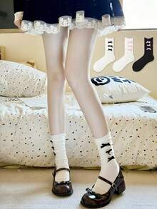 3 Pairs Women's Bow Ruffle Mid-Calf Socks, Contrast Color Design, Eye-Catching Socks For Dates, Gatherings, And Parties - Multicolor - View 2