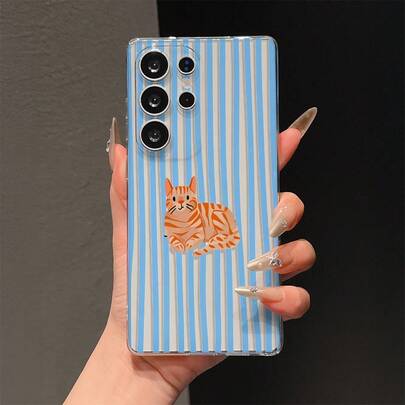 1 Stück transparente stoßfeste rutschfeste TPU Soft Handyhülle mit UV-bedrucktem niedlichem Katzen- und Blaustreifenmuster, kompatibel mit Android-Smartphones Galaxy S25 S25Plus S25Ultra S24 S24Plus S24Ultra S23 S23Plus S23Ultra S23FE S22 S22Plus S22Ultra S21 S21Plus S21Ultra A56 A55 A54 A53 A52 A51 A23 A22 A24 A25 A26 A12 A13 A14 A15 A16 A32 A33 A34 A35 A36 A05 A05S A06 A07 F15 M15 M55 A17 A37 A57 S25FE S26 S26Plus S26Edge S26Ultra A3 A5 13C 14C 15C Honor 400 400Pro 500 500Pro