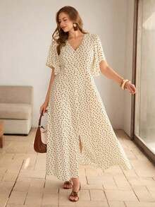 Roveilla Vestido maxi de mujer talla grande con cuello en V, lunares románticos, ajuste de cintura con botones, dobladillo con abertura, mangas abullonadas. Elegante, de estilo retro francés, formal, para oficina, casual, vacaciones, té de la tarde, minimalista y versátil. Nuevo para primavera/verano - Albaricoque - Ver 7
