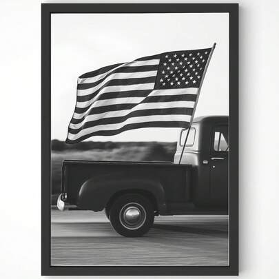 1pc No Frame Vintage Truck With American Flag Wall Art, Patriotic Decor, Farmhouse Country Wall Art, 4th Of July Print, Rustic Americana Poster ﻿