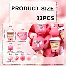 33pcs Cute 3D Pink Heart, Printed Round, Flat Bean Shaped Silicone Beads, Fashionable Design, Suitable For Jewelry Making, DIY Bracelets, Lanyards, Pen Decorations, Holiday Decor - Pink Silicone Coffee Cup Set - View 8