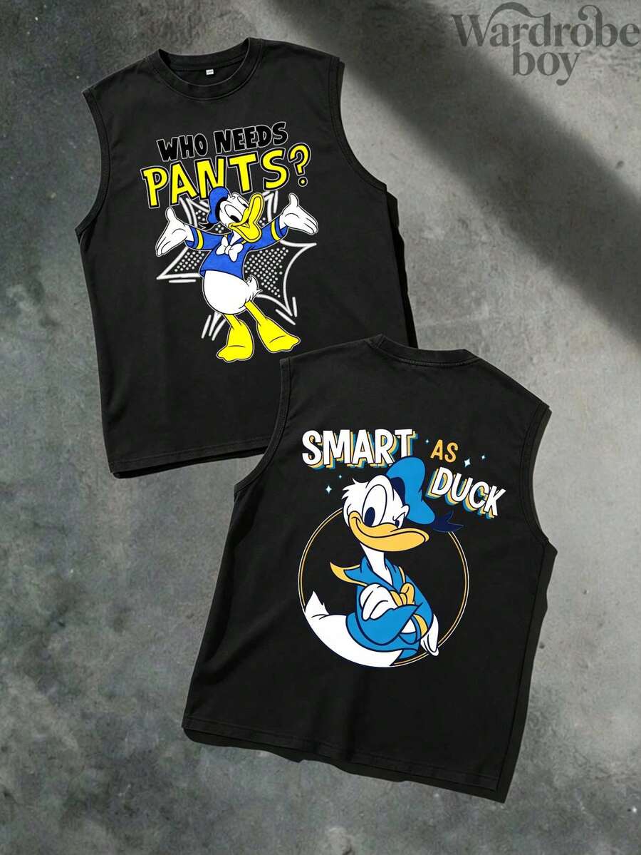 Disney Licensed Men's Sleeveless Printed Vest, Featuring Donald Duck Happy Action Graphic Print, Suitable For Both Men And Women, High-Quality Vest, Suitable For All Seasons, Comfortable And Breathable, Exquisite Design, The Best Choice For Gifts - 黑色 - 查看 1