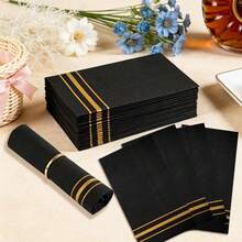 20pcs/40pcs/60pcs,Rectangular Black And Gold Striped Napkins, 2-Ply Disposable Cocktail Paper Napkins Hand Towels With Gold Stripes, Unfolded Size 12.9 X 15.7 Inches, Elegant Guest Towels Suitable For Weddings, Birthdays, Graduations, New Year's, Parties, Bathrooms, And Other Occasions. - Black - View 2