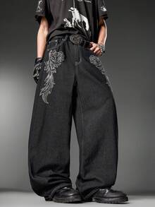 Blugi bărbătești, stil coreean de stradă, cu croială largă, model brodat în două tonuri, croială lejeră, pantaloni lungi, pentru toate anotimpurile (curea și accesoriile nu sunt incluse) - Negru - Vizualizare 8