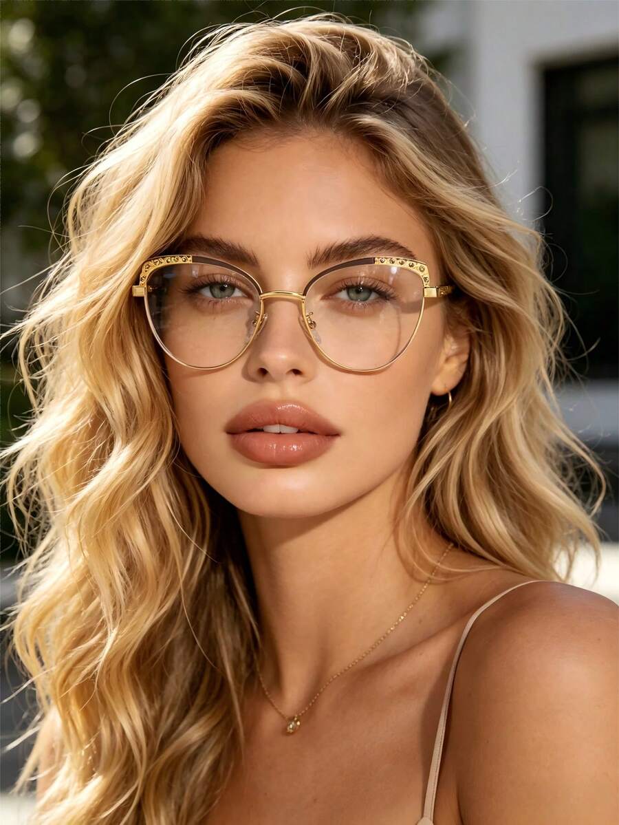 1 Pair Of Women's Retro Cat-Eye Rhinestone-Embellished Metal Frame Stylish Lightweight Glasses, Suitable For Daily Reading And Commuting - Multicolor - View 1