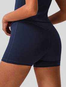 Sodalemon Celana Pendek Olahraga Yoga Lari Kasual Tanpa Jahitan untuk Wanita, Warna Polos, untuk Mengangkat Bokong - Navy Blue - View 4