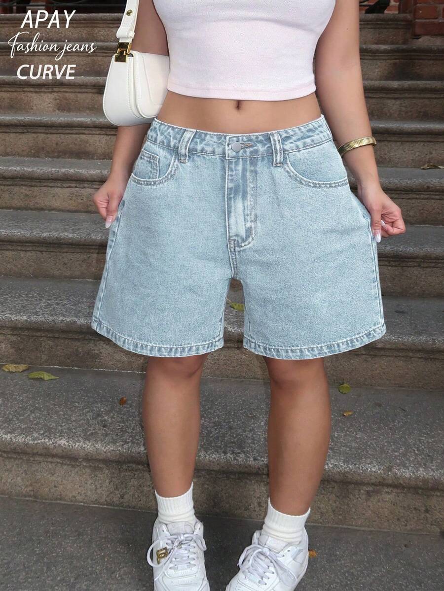 Plus Size Women's Solid Color Bermuda Denim Shorts Casual Summer