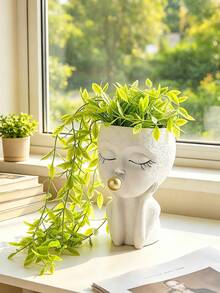 人脸造型花盆/花盆，适用于室内外植物，树脂材质，适合种植多肉植物，底部有排水孔，造型可爱，女性脸部造型。 - A - 查看 4
