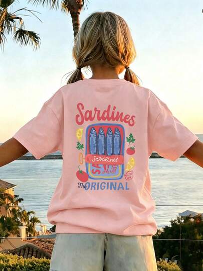 1件少女印花短袖T恤，学生青少年服装，夏季儿童礼物