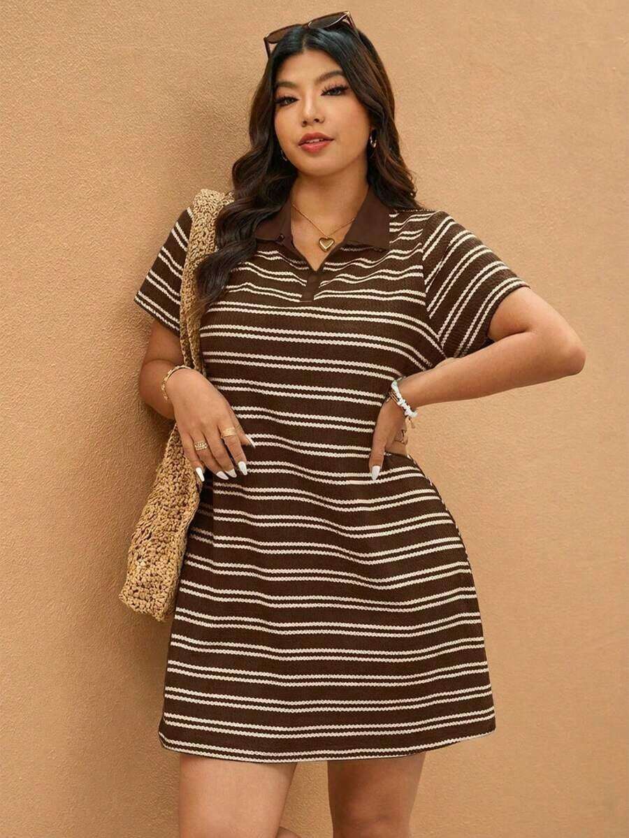Elaquor Vestido casual holgado de manga corta raglán con media cartera a rayas para tallas grandes - Multicolor 3 - Ver 1