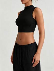 XLLAIS Regata Esportiva Feminina de Gola Careca Ajustada, Colete Básico de Dupla Camada de Alta Elasticidade para Fitness, Verão - Preto - Visão 6