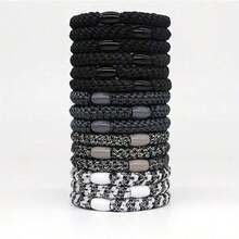 15pcs Women's Thickened Durable Super Elastic Braided Hair Tie Rubber Band Set - Temperamental Sturdy No-Damage Hair Ties For Thick Hair, Multiple Colors, Elegant Simple Ponytail Clips, Fashionable Hair Accessories - Kiểu dáng trắng đen - 15 chiếc - Xem 1