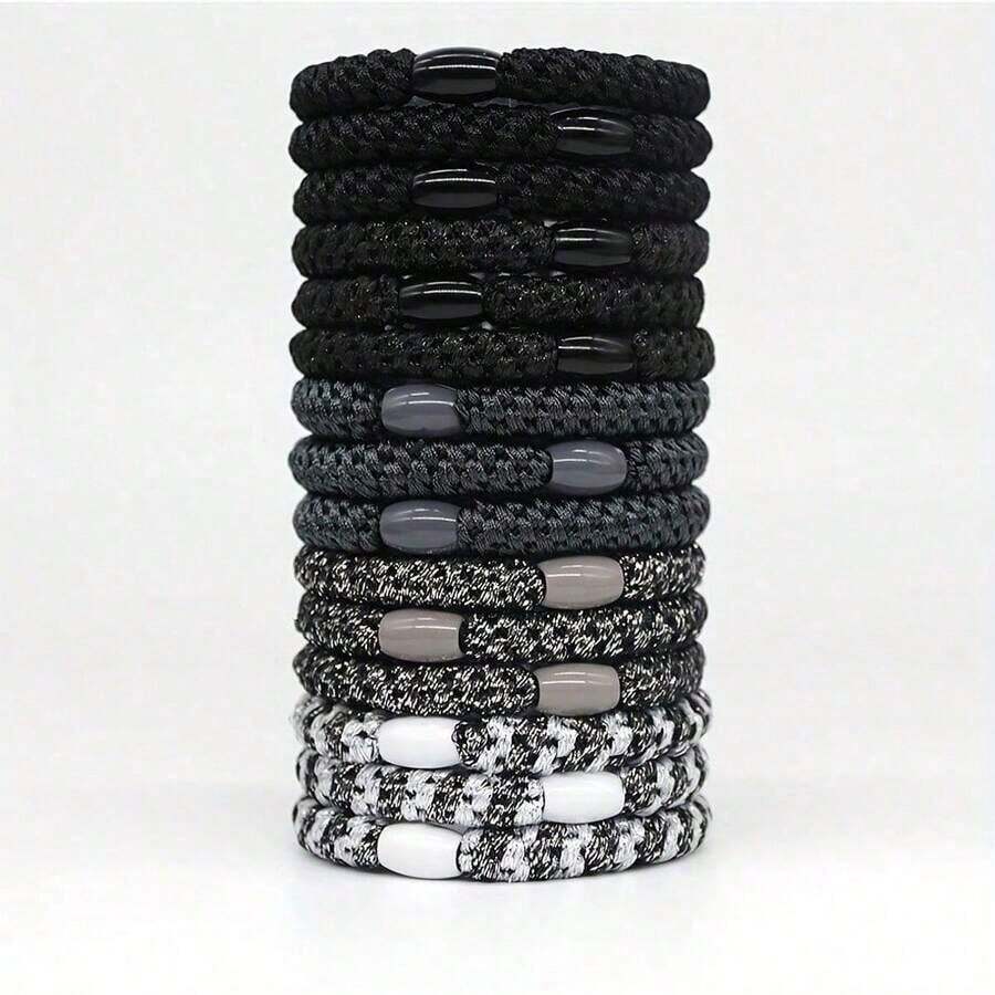 15pcs Women's Thickened Durable Super Elastic Braided Hair Tie Rubber Band Set - Temperamental Sturdy No-Damage Hair Ties For Thick Hair, Multiple Colors, Elegant Simple Ponytail Clips, Fashionable Hair Accessories - Kiểu dáng trắng đen - 15 chiếc - Xem 1