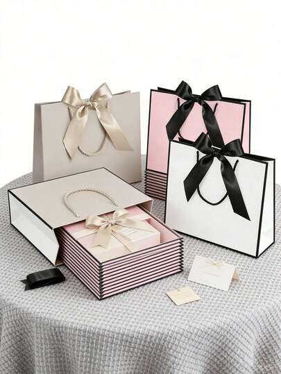 5pcs/3pcs Multi-Color Gift Bags With Ribbons, Portable Paper Gift Bags With Handles, Suitable For Birthday, Wedding, Mother's Day Gifts, Unisex