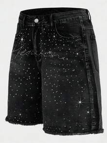 Men's Distressed Black & Grey Rhinestone Star Print Frayed Hem Denim Shorts, Shiny Knee Length Inseam - Black - View 4