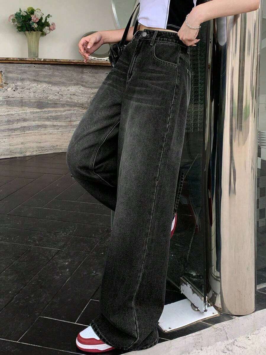 Pantalones Vaqueros Casuales con Cintura Alta, Lavado Desgastado y Diseño Holgado, Perfecto para Look de Verano y Eventos Nocturnos - Negro - Ver 1