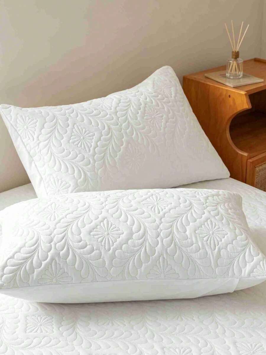 2pcs Of Quilted And Embroidered Pillowcases, Soft And Waterproof, Suitable For Hair And Skin Care, With An Envelope Seal (Excluding The Pillow Core) - White - View 1