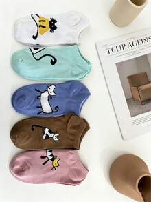 5 pares de calcetines invisibles con diseño creativo de gato, calcetines tipo barco de corte bajo, calcetines de uso diario versátiles de moda y multicolor - Multicolor - Ver 3