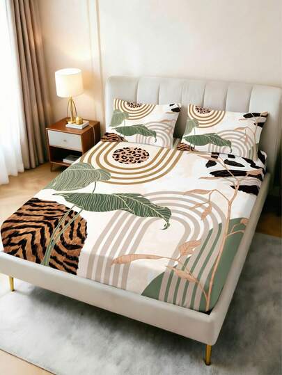1 chiếc ga trải giường họa tiết lá nhiệt đới và da báo phong cách Boho, mềm mại, thân thiện với da, chống trơn trượt, phù hợp với giường đơn/đôi/nữ hoàng/vua, có thể giặt máy, lý tưởng cho trang trí phòng ngủ.
