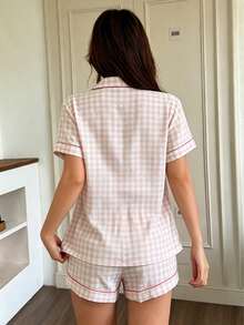 2pcs Comfortable Plaid Print Pajama Set, Short Sleeve Collared Top With Pocket And Bow Shorts, Women Sleepwear Homewear For All Seasons - Pink - View 2