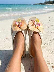 Women's Floral Decor EVA Platform Thick Sole Vacation Party Summer Flip Flops - Beige - View 2