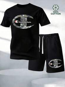 2pcs Set Camouflage Victory Emblem Symbolizing Strength Perseverance And The Spirit Of Champions With Artistic Letter Motif Representing Confidence And Determination Perfect For Daily Wear Or Casual Sports Summer Short Sleeve TShirt And Shorts Set Ideal Gift For Men - 黑色 - 查看 1