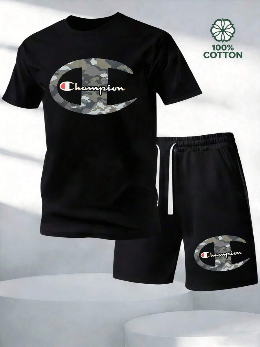 2pcs Set Camouflage Victory Emblem Symbolizing Strength Perseverance And The Spirit Of Champions With Artistic Letter Motif Representing Confidence And Determination Perfect For Daily Wear Or Casual Sports Summer Short Sleeve TShirt And Shorts Set Ideal Gift For Men - 黑色 - 查看 1