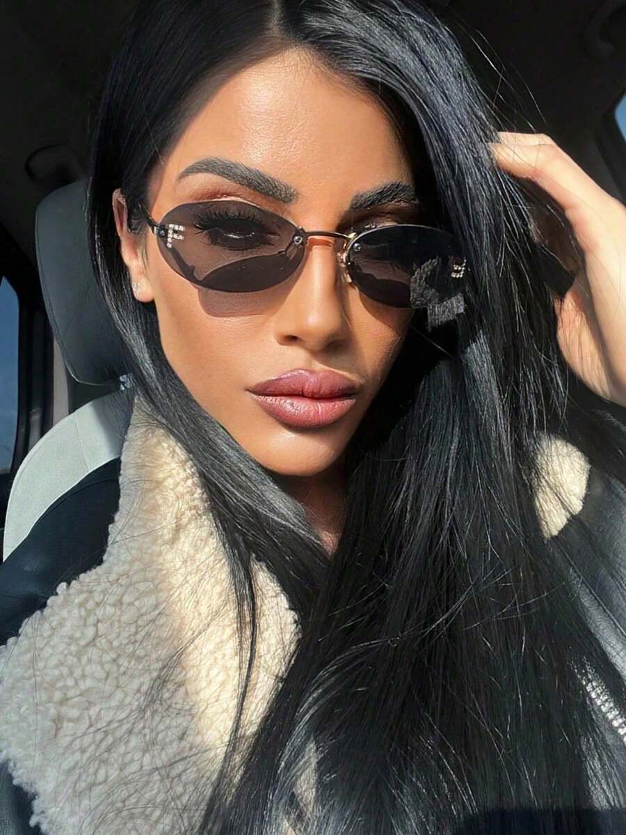 1 pieza Gafas ovaladas pequeñas de metal sin marco de alta gama y estilo retro para mujer
