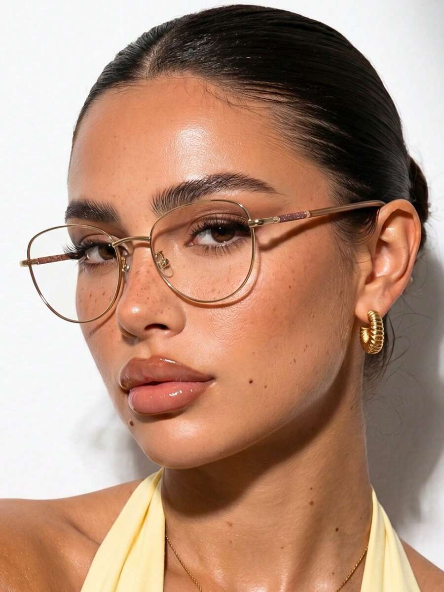 1 Peça Armação de Óculos Feminino Dourado Gatinho Geométrico Design Luxo Hastes Decoradas Old Money Leitura Descanso - Dourado - Visão 1