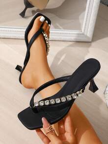 Giày sandal cao gót thời trang nữ, dép lê, đính đá, mũi vuông, thích hợp dự tiệc, phong cách thanh lịch, kiểu dáng hộp đêm, khóa cài, chất liệu kim loại nguyên chất, thích hợp cho các bữa tiệc. - màu đen - Xem 1