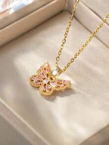 Women's Colorful Zirconia Butterfly Pendant Necklace, Multi-Color Options, Luxury Rhinestone Butterfly Necklace, Titanium Steel Non-Fading Minimalist Versatile Women Pendant - Gold - View 7