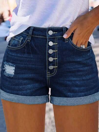 Women's Denim Shorts, Casual Roll-Up Design With Cat Whisker Details At Ankle, Perfect For Lightweight Summer Styling
