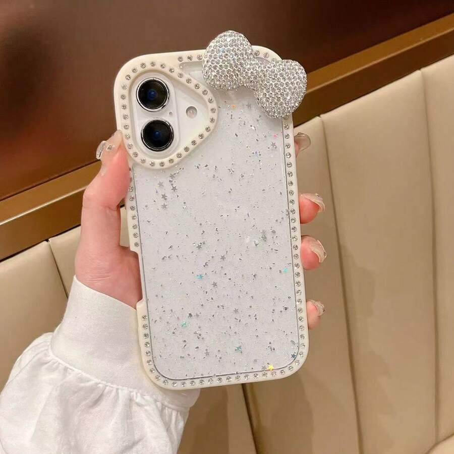 Luxury Bling Rhinestone Bow Epoxy Glitter Transparent Case For IPhone18/17 16 Pro Max 15 14 13 Shockproof Protection Bumper Hard Acrylic Cover - White - View 1