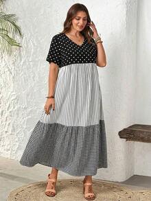 Rosumi Vestido de verano informal de talla grande con bloques de color, rayas, lunares y estampado a cuadros - Blanco y Negro - Ver 7