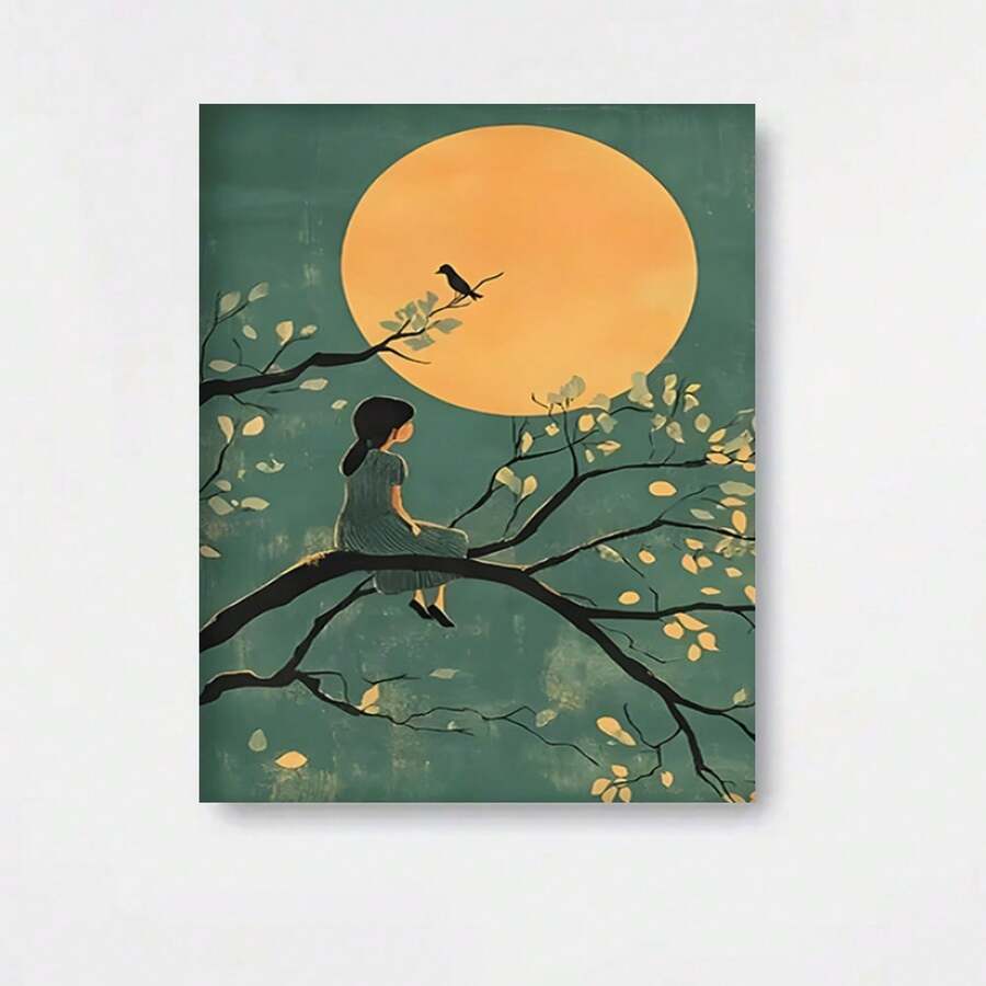 Póster Japonés 2D Plano, 1 pieza, Sin Marco, Arte de Pared Minimalista de Acuarela, Pintura de Paisaje Zen al Atardecer, Pintura de Paisaje Natural Oriental, Pintura Decorativa de Reflexión Tranquila, Decoración de Pared Divertida en Lienzo, Adecuado para Restaurantes, Hoteles - Enmarcado - Ver 1