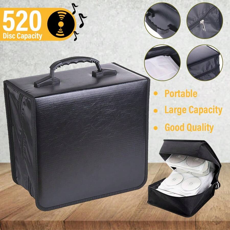 520 Capacity Dvd Storage Bag – Pu Leather Cd Wallet Case With 520 Disc Sleeves, Durable Large Capacity Binder, Zippered Closure, Dustproof & Waterproof – For Cd, Dvd, Blu-Ray, Game Disk Organization (Black) - View 1
