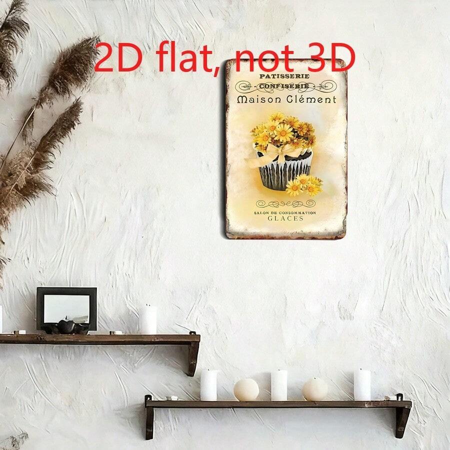 Vintage French Patisserie Printed Aluminum Tin Sign, 20cm*30cm 2D Plane Printed Metal Wall Decor, Retro Cupcake With Yellow Daisy Iron Painting For Kitchen Bakery Cafe Decoration - Nhiều màu - Xem 1