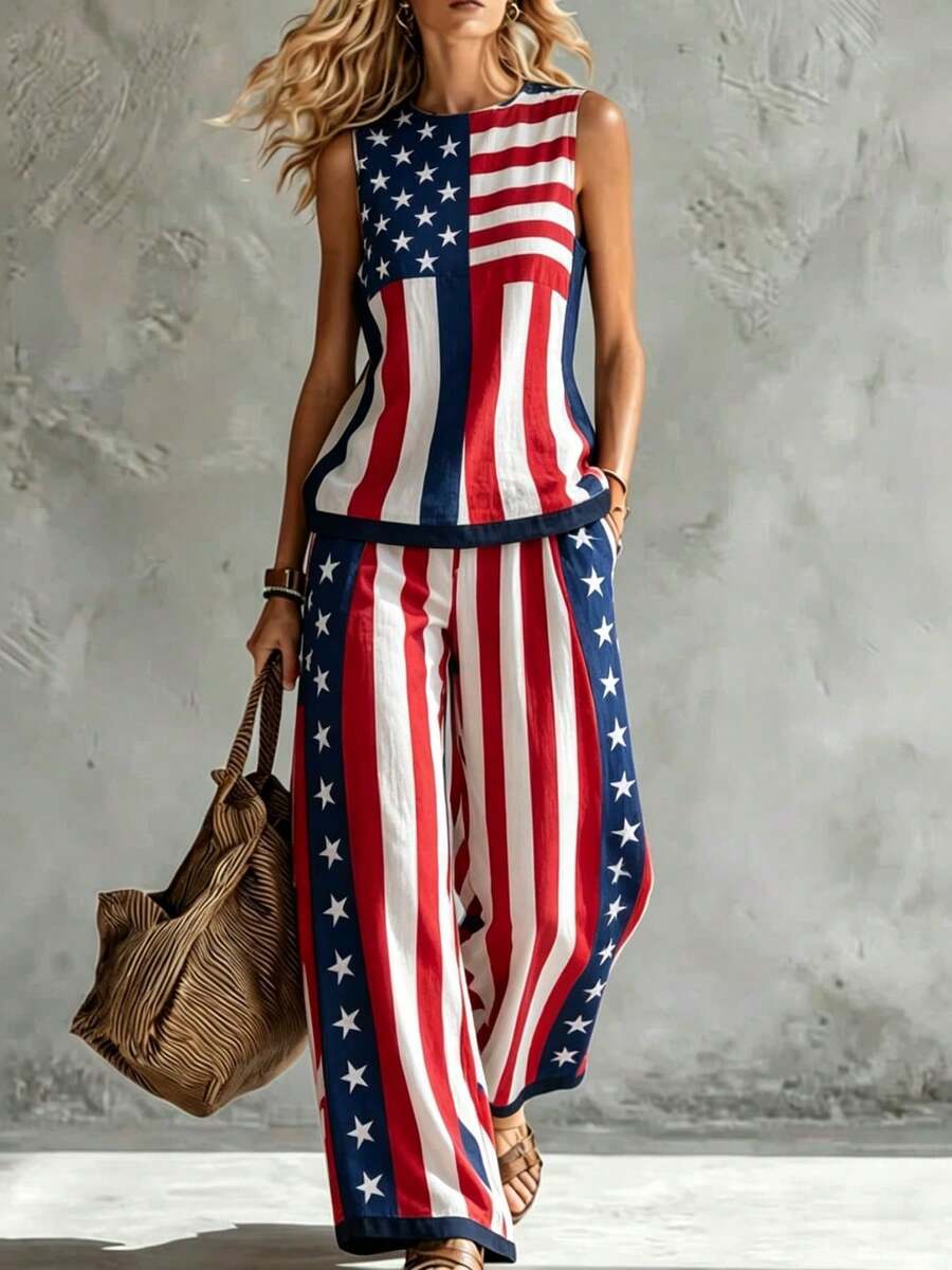 Casual Women's Crew Neck Tank Top & Wide Leg Pants Two-Piece Set, American Flag Vertical Stripe And Star Print, The Top Features Spliced Cut Design /The Straight-Leg Pants Come With Side Pockets, Suitable For Daily Commuting, Casual Outings, Vacations, Light Social Events And Other Occasions, Women's Summer Outfit Set. - 彩色 - 查看 1