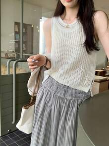 Áo len nữ mùa hè dáng suông cổ tròn không tay, phong cách Bohemian, màu trơn, xẻ tà ngắn phía trước và dài phía sau, chất liệu hơi xuyên thấu, thoáng khí, thoải mái, thanh lịch, thích hợp cho tiệc tùng, hẹn hò, kỳ nghỉ thường ngày. - màu trắng ngà - Xem 3