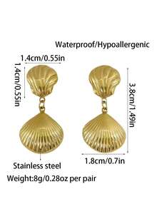 1 Pair Stainless Steel Shell Clip-On Earrings, 18K Gold Plated Waterproof Jewelry Gift For Women, Fashionable And Luxurious, Suitable For Beach Wear - Clip - View 4