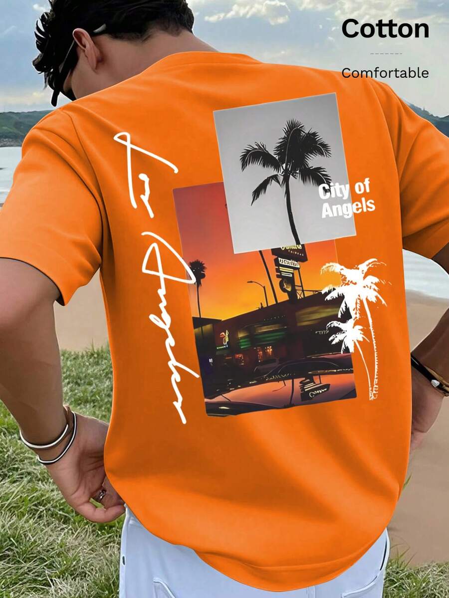 Men's Summer Casual Sports T-Shirt In 100% Cotton, Featuring A Los Angeles City Print; A Soft And Breathable Men's Short-Sleeved Top - Orange - View 1