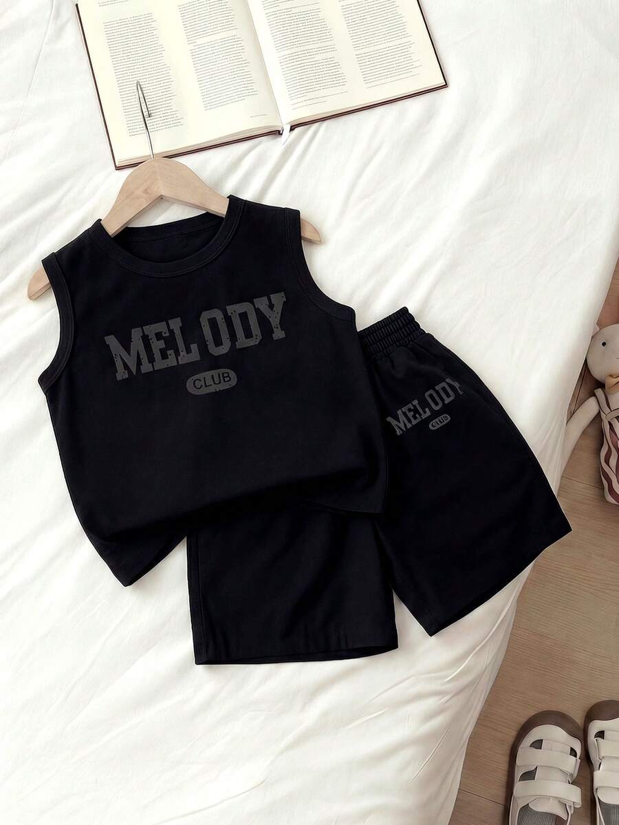2pcs/Set Young Girls Letter Print Sleeveless Tank Top + Shorts Set, All-Match Versatile Summer Outfit - Black - View 1