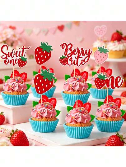 Decoración para tarta de cumpleaños con tema de fresa, con flores brillantes y frutas. Adecuado para decoración de tartas de fiestas de cumpleaños con tema de fresa, decoración de tartas de cumpleaños, tarjeta brillante de doble cara, elemento de fresa, adecuado para fiestas de cumpleaños, aniversarios, decoración de despedida de soltero