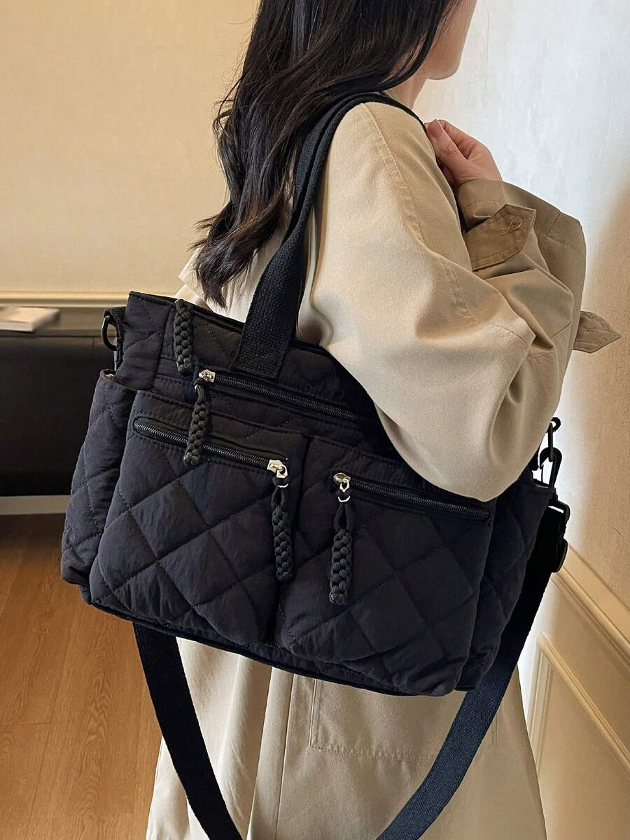 1个女士时尚绗缝图案单肩手提包，大容量多口袋收纳包，配有可拆卸可调节肩带，适合休闲、购物、旅行、工作、上学、送礼等场合。