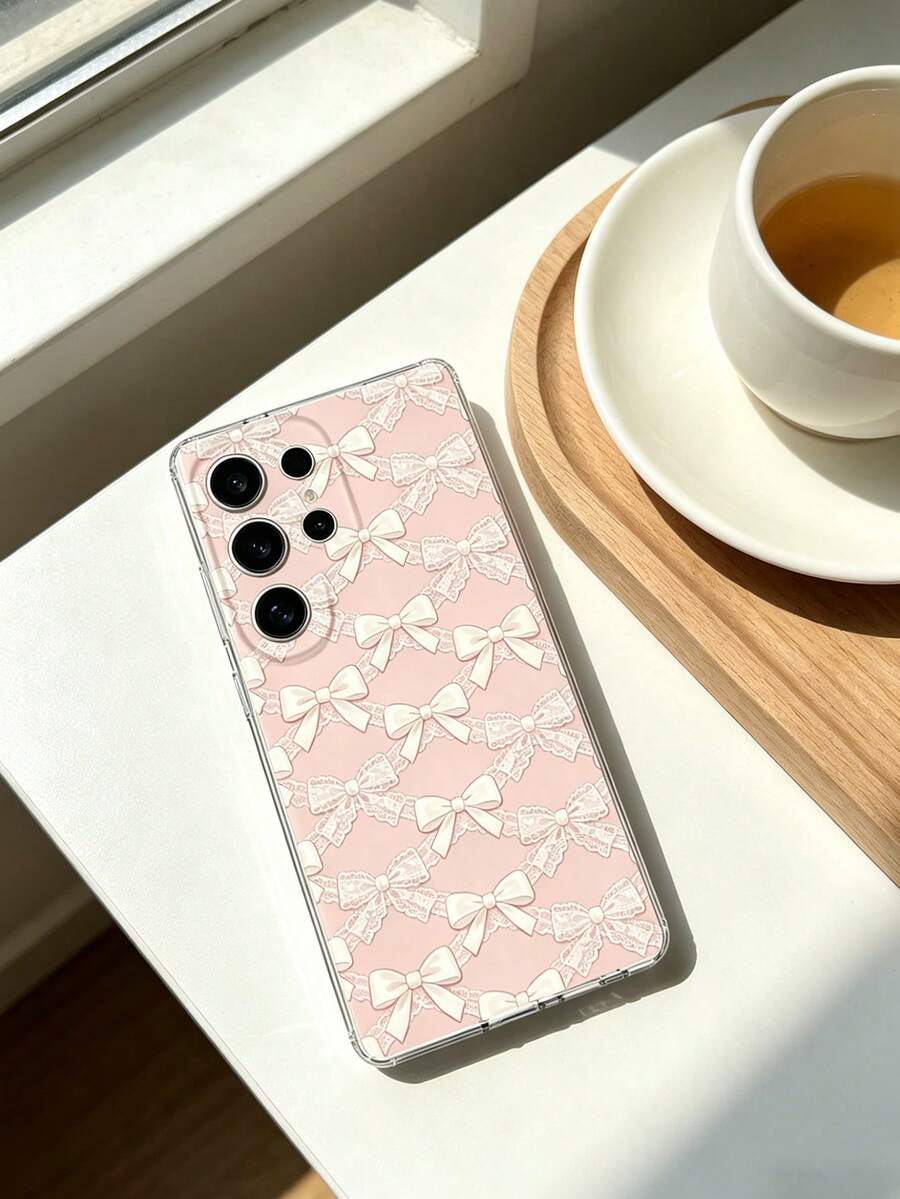 1个时尚粉色蝴蝶结蕾丝图案手机壳 | 透明软TPU保护套，防摔防刮 - 兼容三星Galaxy A04e/12/A13/A14/A34/A50/A52/A53/A54/S21/S22/S23/S24/S25/S25 Ultra等型号，复古风格，自用或送礼皆宜 - 彩色 - 查看 1