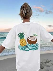 Women's Summer Leisure Top With Double-Sided Print, Featuring A Hand-Drawn Pineapple And Coconut Design On A Loose-Fitting, Short-Sleeved, Round-Neck T-Shirt. - White - View 3