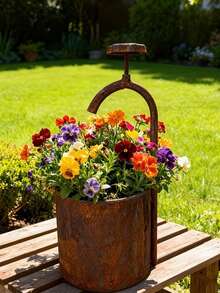 1pc Rustic Metal Flower Pot, Distressed Faucet Style Planter, Vintage Garden Decor Pot, Gift For Patio Porch - Rusty Version - View 2